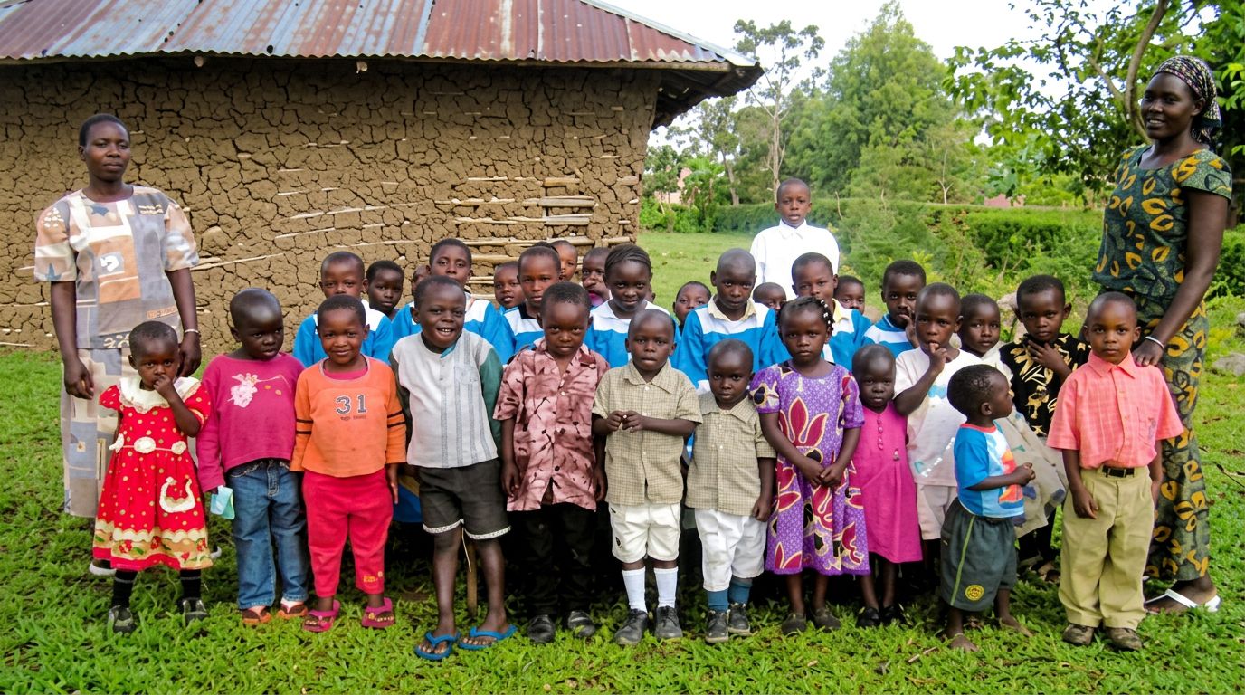 School teachers Clarice and Hellen with the children